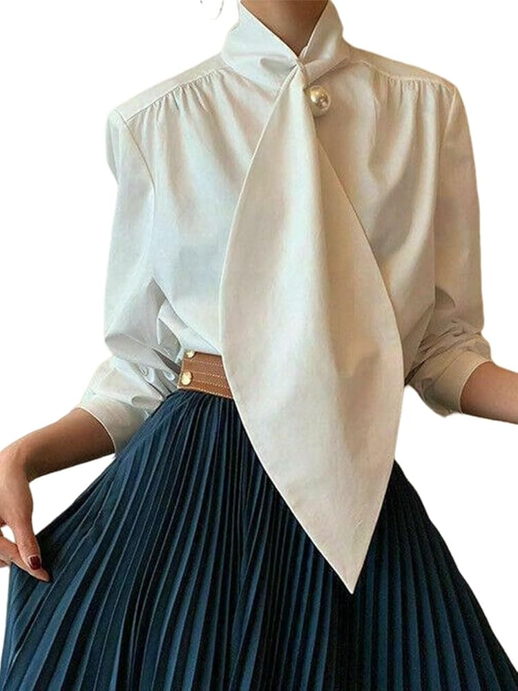 UOOZEE Women's Long Sleeve Button Down Tie Neck Blouse Dressy Casual Formal Office Work Shirt Top... | Amazon (US)