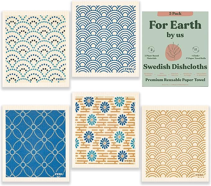 FEBU Swedish Dishcloths for Kitchen | 5 Pack Blue Geometric Swedish Dish Towels | Cellulose Spong... | Amazon (US)