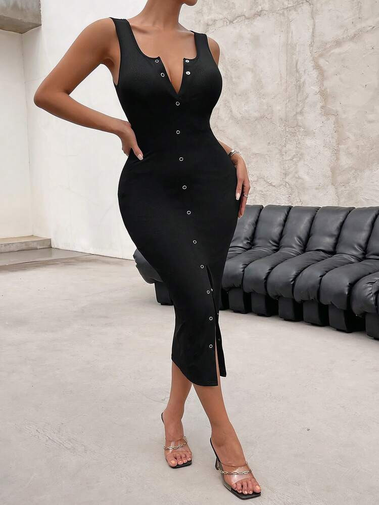 SHEIN SXY Button Front Split Hem Bodycon Dress | SHEIN
