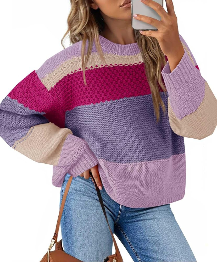 Saodimallsu Womens Color Block Cropped Sweaters 2025 Winter Trendy Casual Oversized Y2k Going Out... | Amazon (US)
