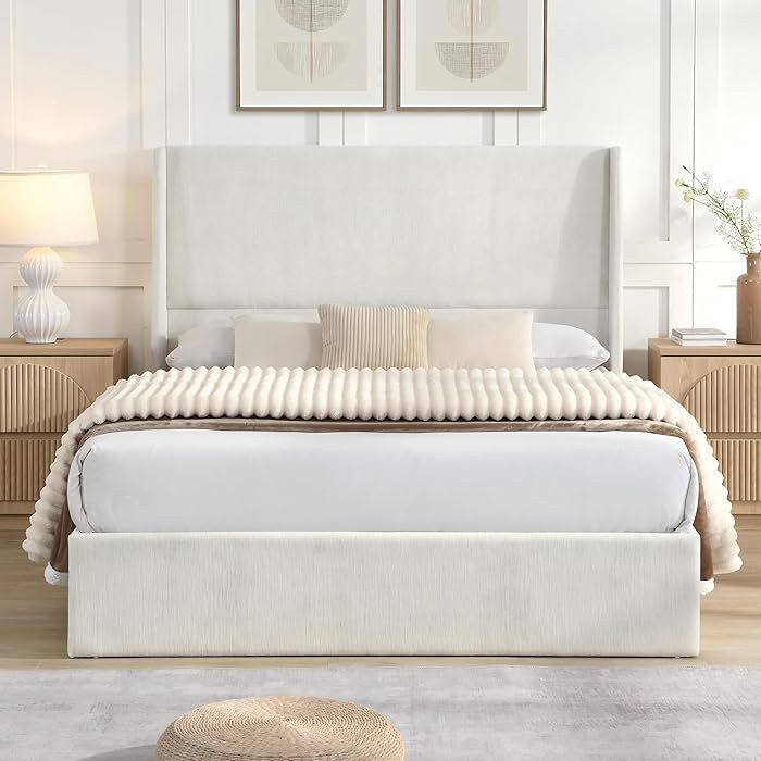 High Headboard Upholstered Bed, Floor Standing Bed Frame,Queen Size Bed Frame, 12-Slat Support, E... | Amazon (US)