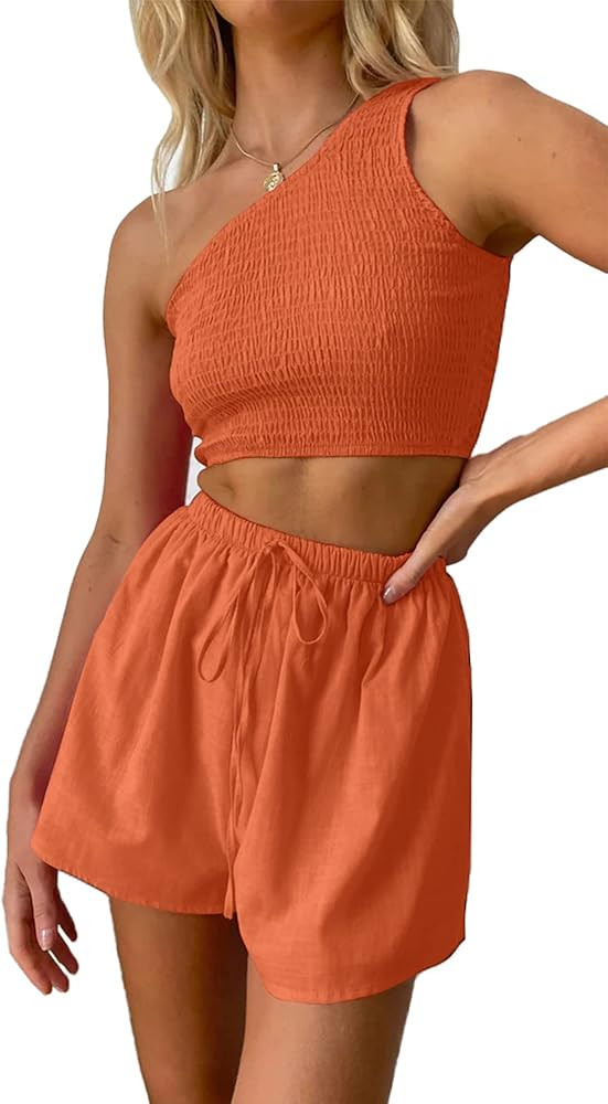 PRETTYGARDEN Women's 2 Piece Summer Outfits Casual One Shoulder Crop Top and High Waisted Shorts ... | Amazon (US)
