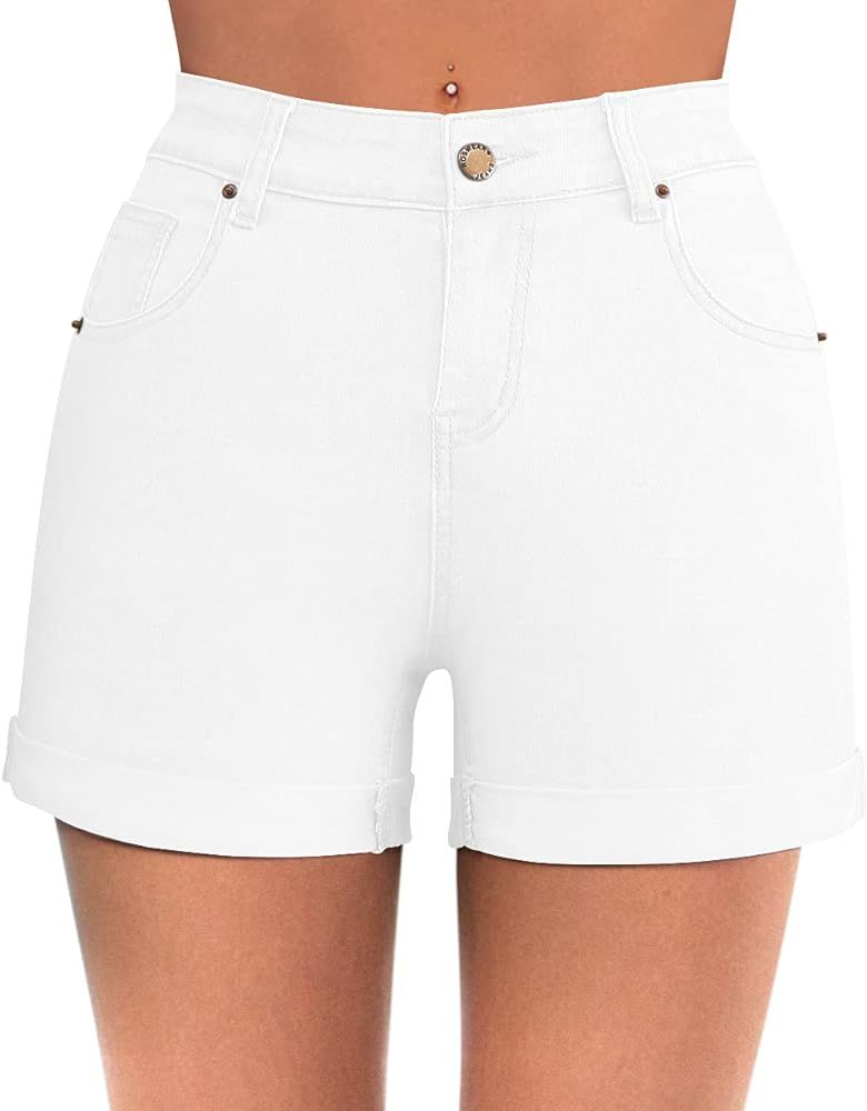roswear Women's Folded Hem High Rise Denim Fitted Basic Jean Shorts | Amazon (US)