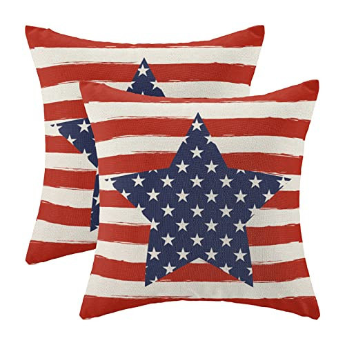 4th of July Pillow Covers 18x18 Inch Set of 2 Memorial Day Independence Day Red Stripe Blue Star Decor Throw Pillows American Flag USA Patriotic Outdoor Cushion Cases for Couch Bed Decorations | Amazon (US)