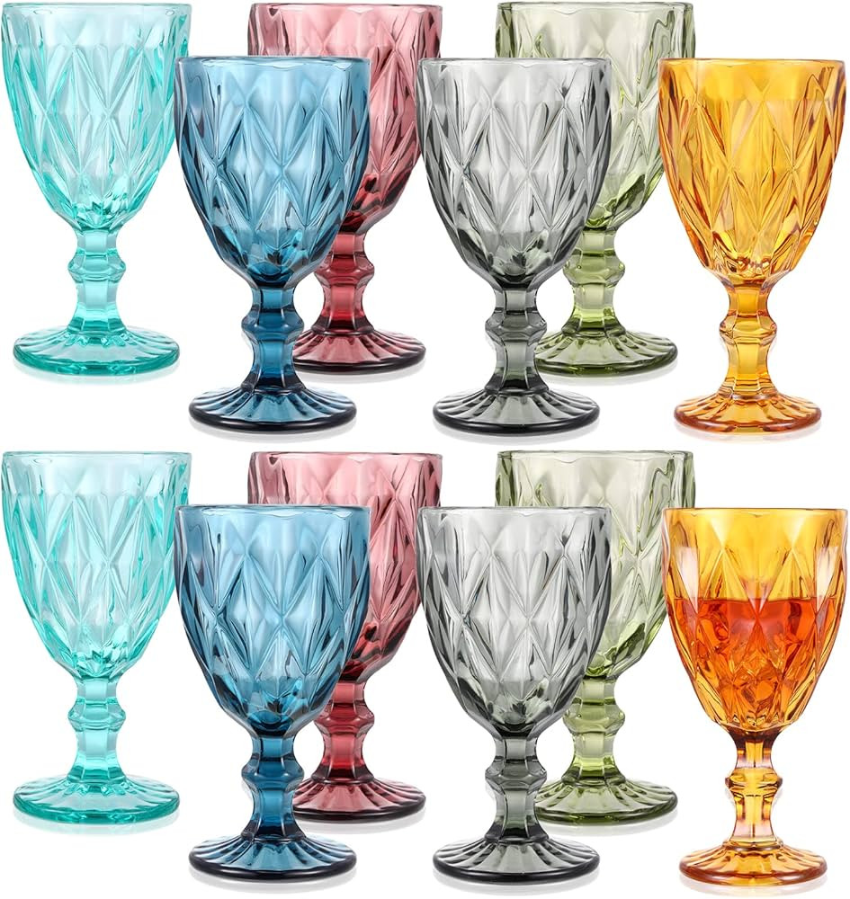 Set of 12 Vintage Glass Goblets Bulk 10 oz Multi Colored Stemware Wine Glasses Crystal Stemmed Dr... | Amazon (US)