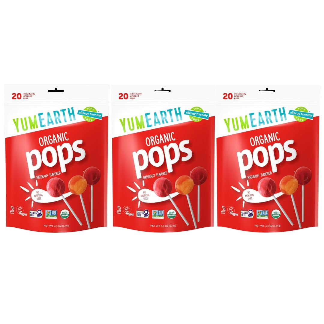 YumEarth Organic Lollipops, Assorted Flavors, 3 Packs (4.3 oz, 20 Each) 60 Lollipops – Allergy ... | Amazon (US)