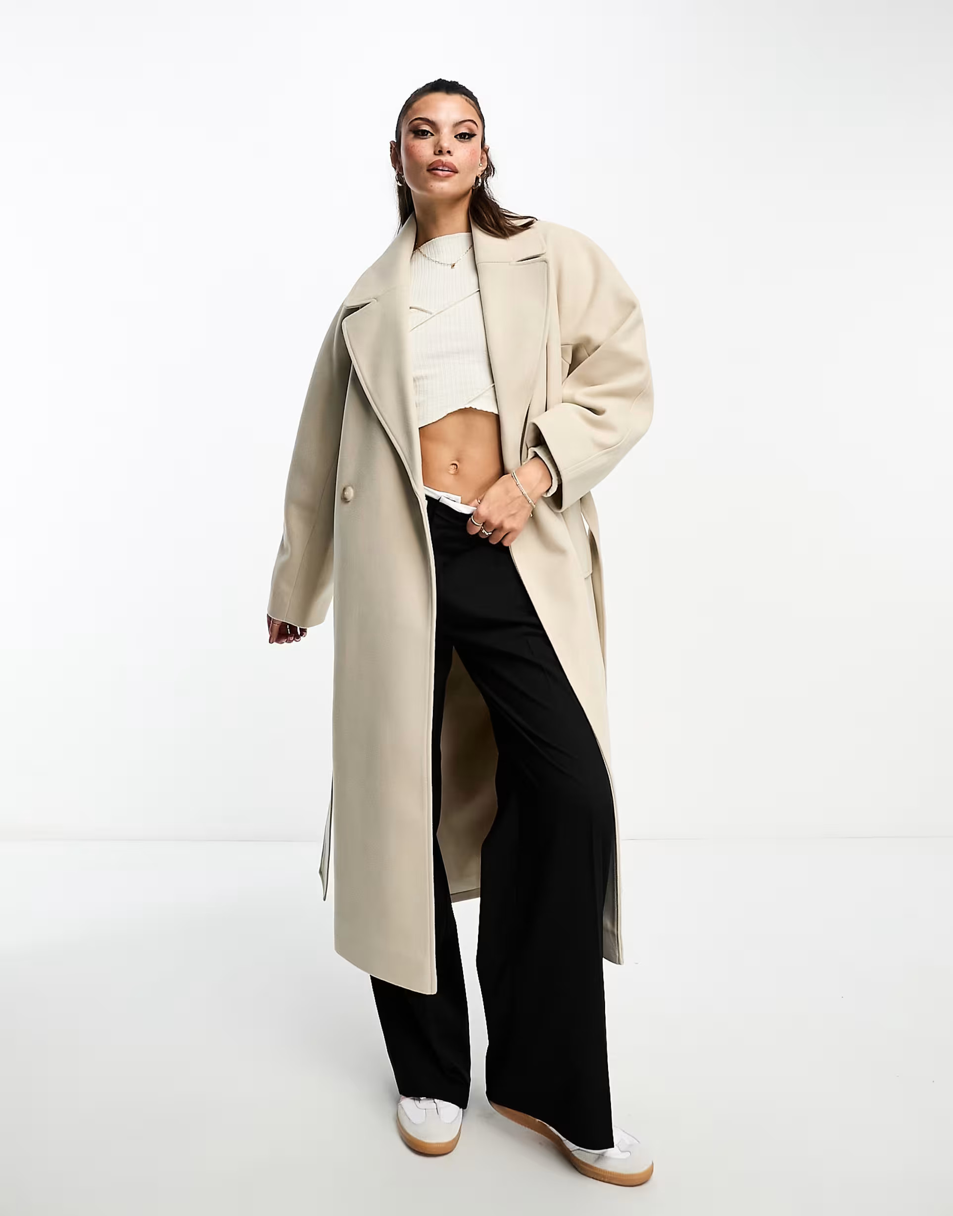 Miss Selfridge belted wrap maxi coat in stone | ASOS (Global)