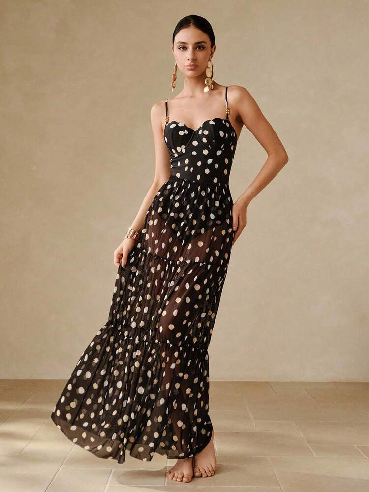 Swim Oasis New Sexy Tight Black & White Polka Dot Print Spaghetti Strap Push-Up Underwire One-Piece, Vacation Beach Crop Top & Skirt 2 Pieces Set For Summer | SHEIN