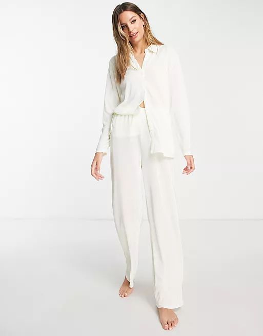 ASOS DESIGN Tall lounge plisse shirt & pants set in white | ASOS (Global)