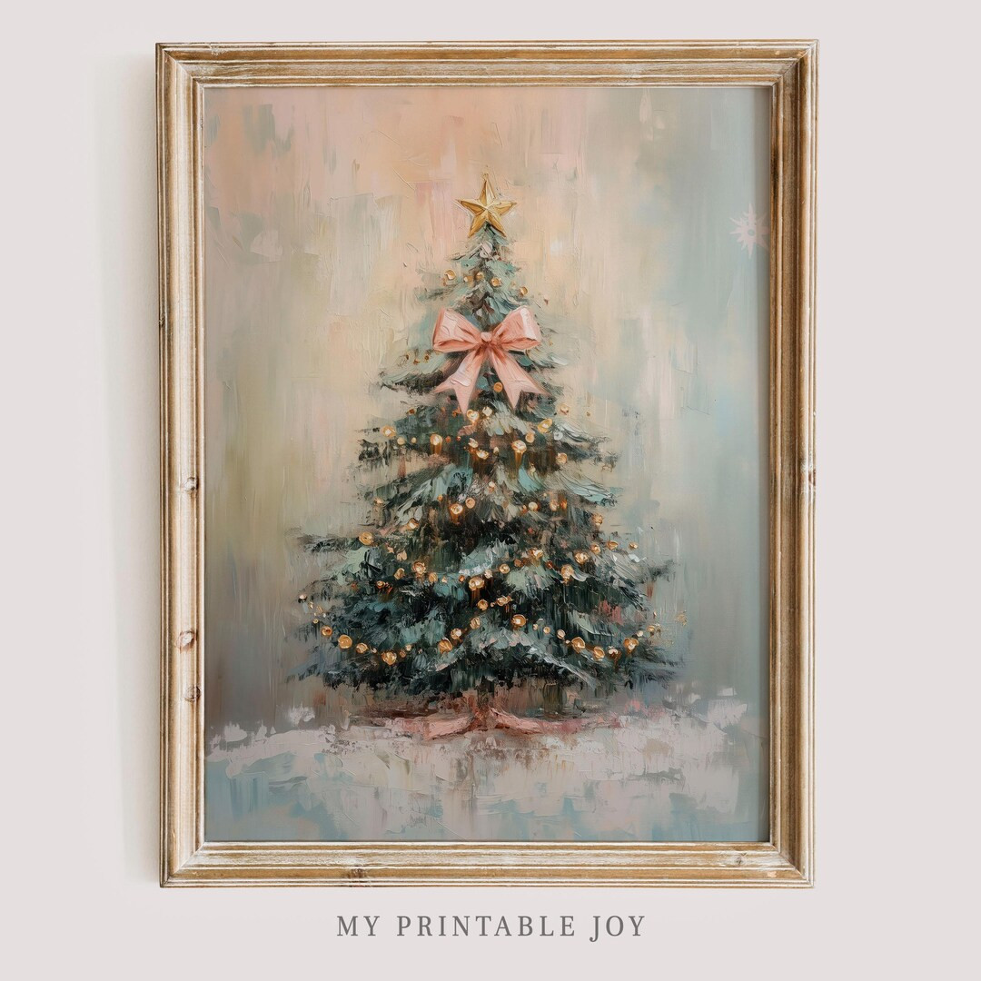 Pastel Christmas Tree Digital Print Pink Bow Holiday Wall Decor Festive Winter Tree Artwork Elega... | Etsy (US)