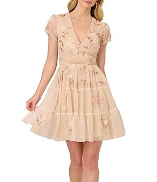 Adrianna Papell V-Neck Short Sleeve Beaded Mesh Tiered A-Line Dress - 12 | Dillard's