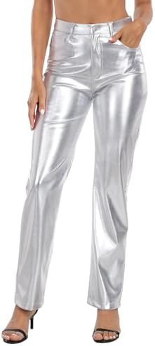 HDE Women's Shiny Metallic Faux Leather Pants High Waisted Straight Leg Trousers | Amazon (US)