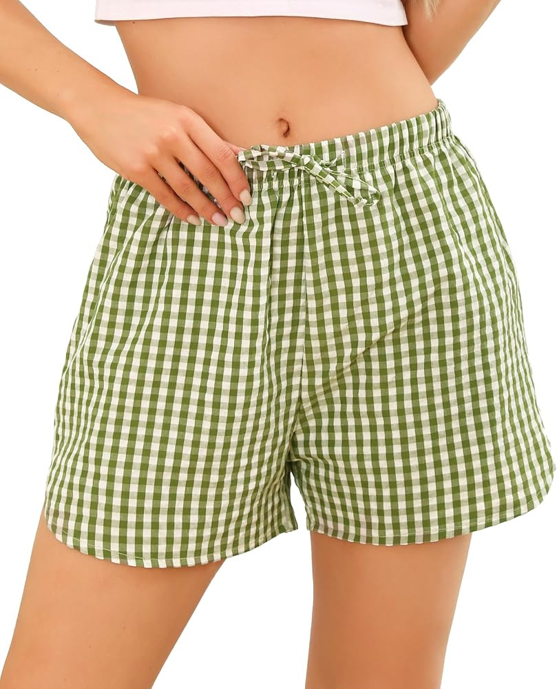 Vlazom Women's Sleep Shorts Cute Plaid Pajamas Shorts Soft Elastic Pajama Bottoms Boxer Shorts Sl... | Amazon (US)