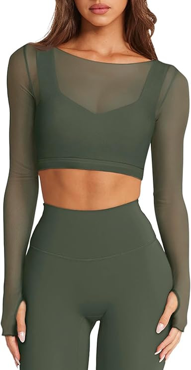 LASLULU Mesh Long Sleeve Crop Tops for Women Double Lined Workout Athletic Gym Shirts Cropped Top... | Amazon (US)