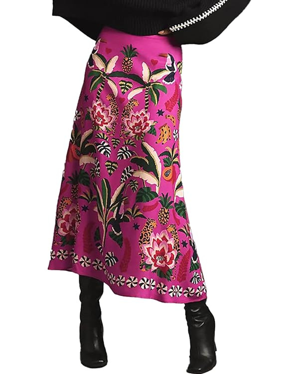 Womens Midi Skirt Tropical Floral Print Plant Fun Elastic Waist Spring Summer Flowy A Line Long S... | Amazon (US)
