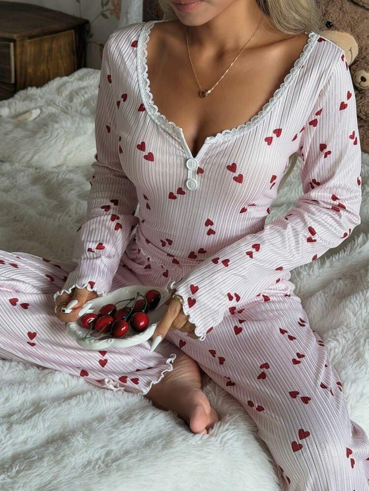CottageSlumber Women's Knitted Jacquard Heart Print Lace Trim Long Sleeve Top & Pants Pajama Set, Winter Clothes | SHEIN