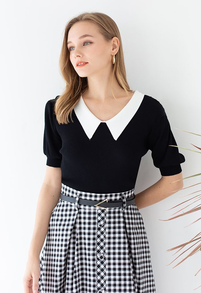 Contrast Pointed Collar Short Sleeve Knit Top in Black | Chicwish