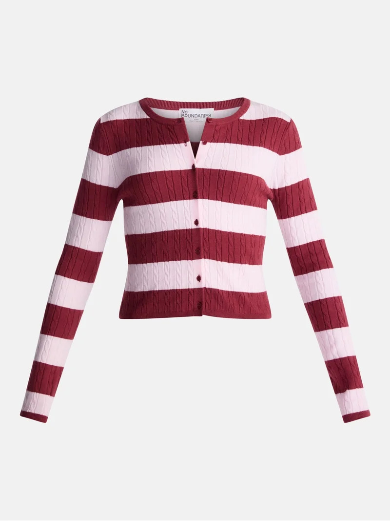 No Boundaries Cable Knit Crewneck Cardigan, Women's XXS-4X | Walmart (US)