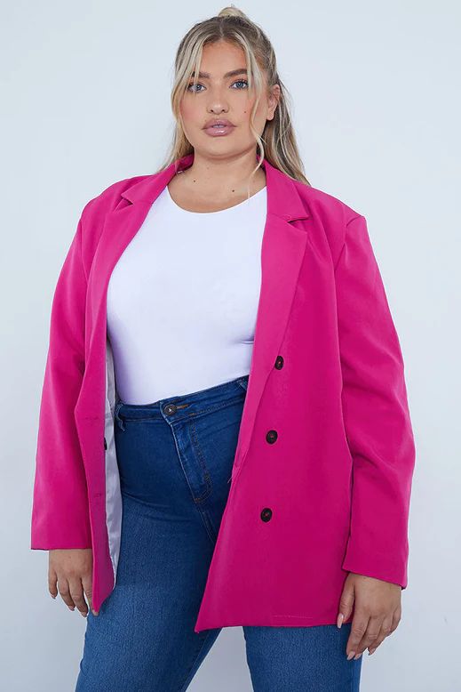 Hot Pink Plus Size Double Breasted Oversized Blazer | ISAWITFIRST UK