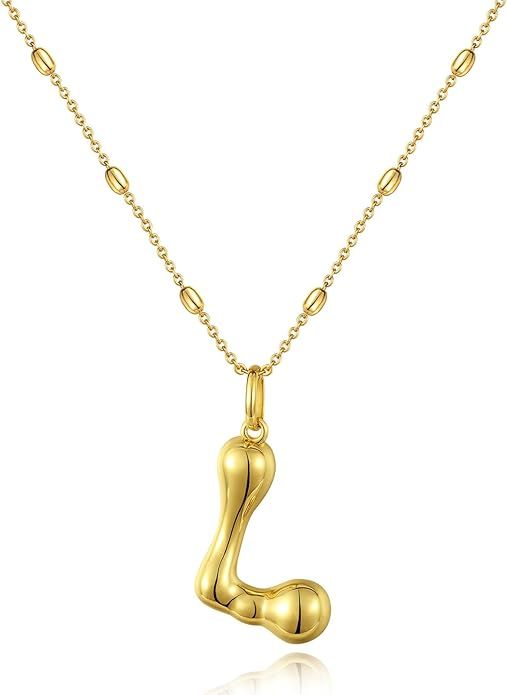 KissYan Bubble Letter Necklace,14K Gold Plated Balloon Initial Pendant with Bead Chain Dainty Jew... | Amazon (US)