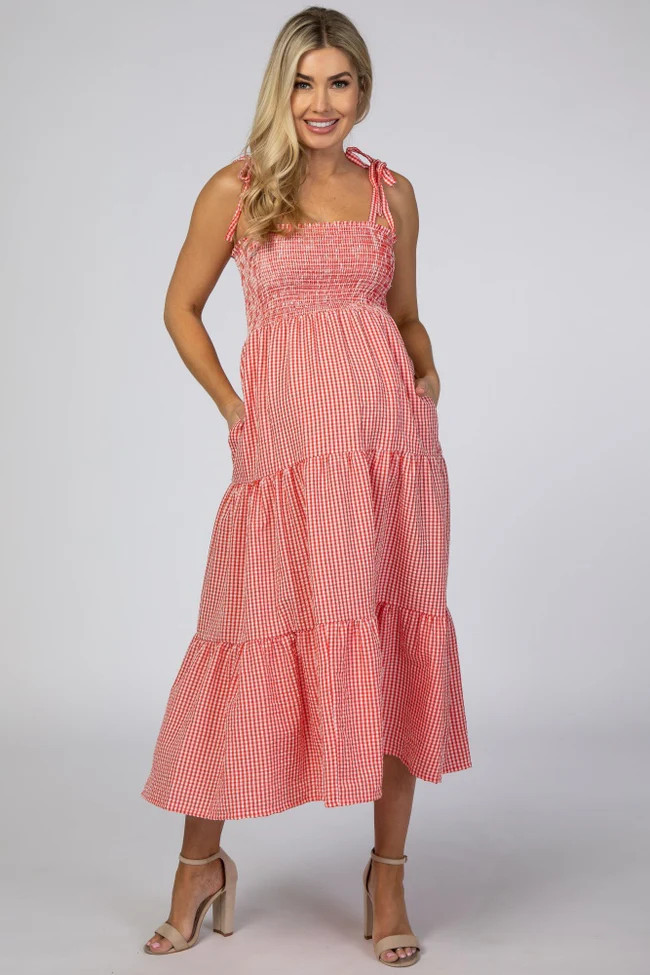 Red Checkered Tiered Maternity Midi Dress | PinkBlush Maternity