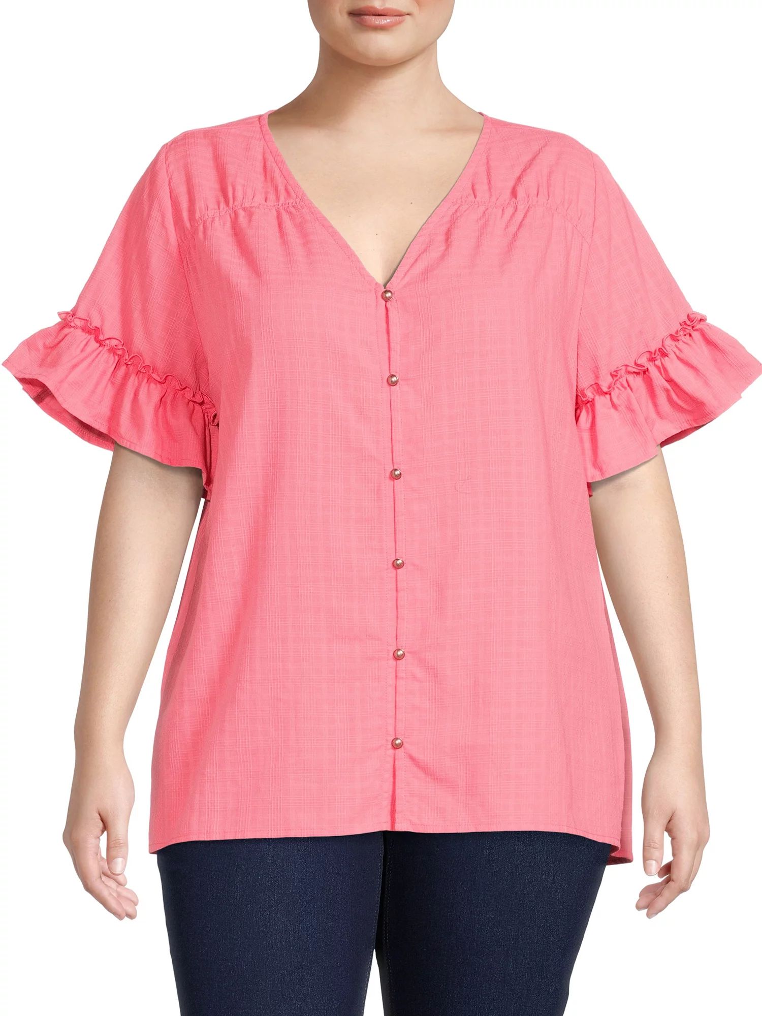 Terra & Sky Women's Plus Size V-Neck Shirred Short Sleeve Top | Walmart (US)