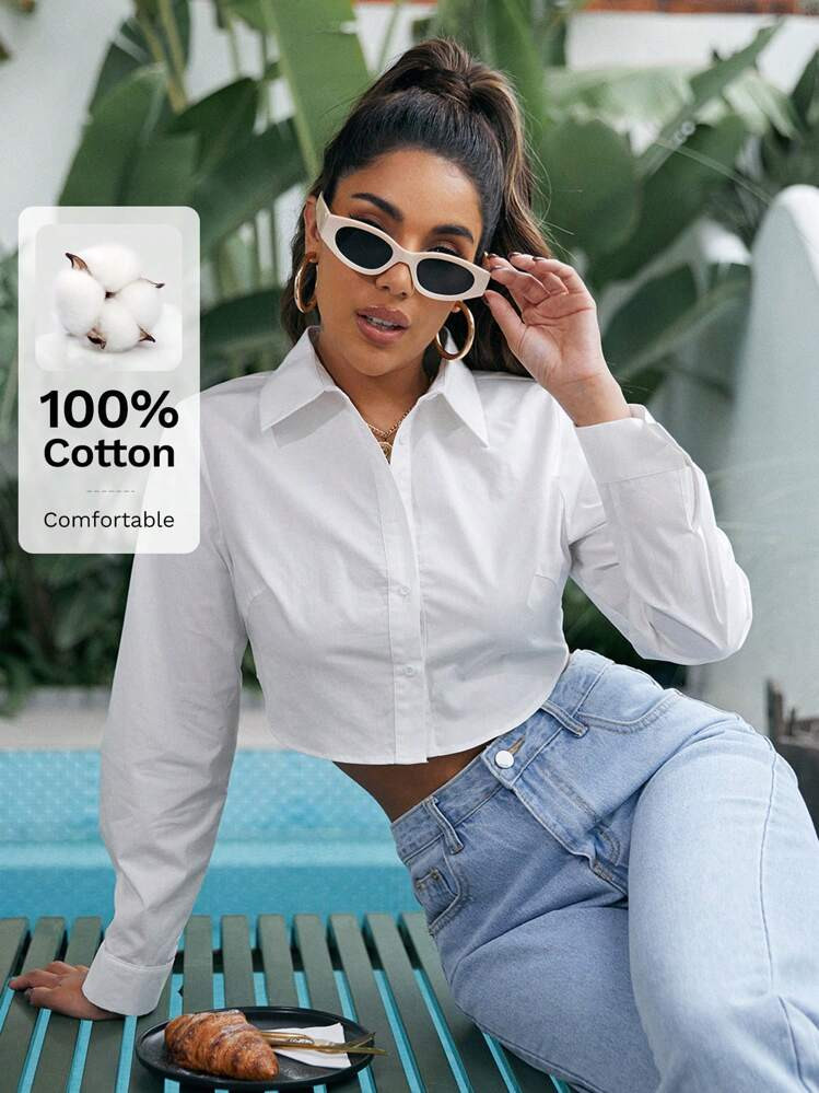 SHEIN EZwear Casual All-Match Effen Gebogen Zoom Crop Shirt, Lange Mouw Tops | SHEIN