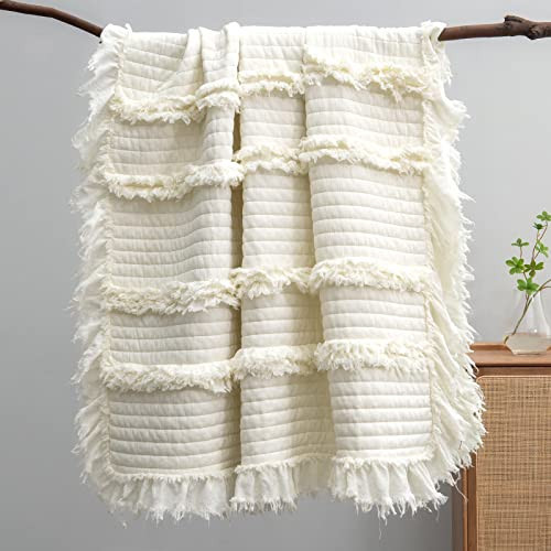Ultra Soft Pre-Washed Warm Quilted Throw Blanket, Ruffle Fringed Cream Boho Decorative Throw, Stone Washed Chic Rustic Blanket for Sofa Couch Bed Chair, 50"x 60" | Amazon (US)