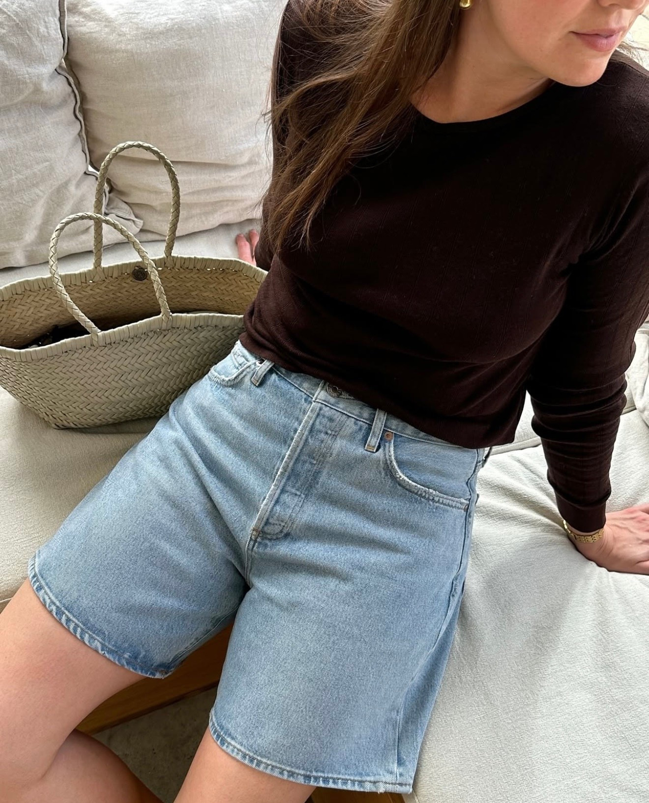 Simple and smart - a brown fitted long sleeve tee, classic light-wash denim shorts and black loafers. Effortless and polished for everyday wear, and chilly summer evenings.

Read all about my summer style report for Net a Porter on my Substack.

#LTKsummer #LTKstyletip