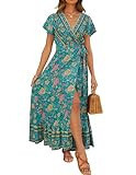 ZESICA Women's 2024 Bohemian Floral Printed Wrap V Neck Short Sleeve Split Beach Party Maxi Dress,Green,Small | Amazon (US)