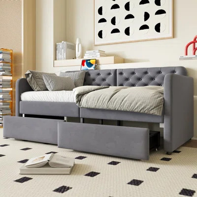 Twin Size Upholstered Bouclé Storage Bed with Headboard, 2 Drawers, 2 USB Ports, Solid Wood Slats, Grey | Wayfair North America