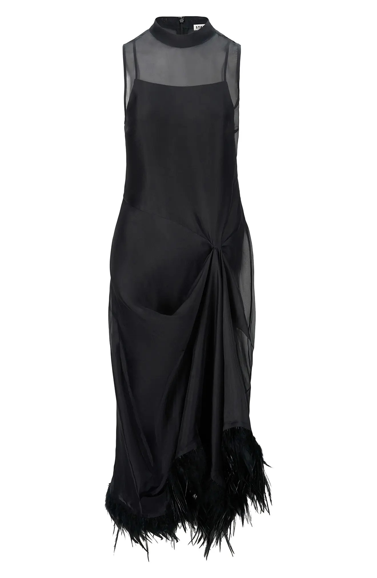 STAUD Lola Feather Trim Silk Midi Dress (Women) | Nordstrom | Nordstrom