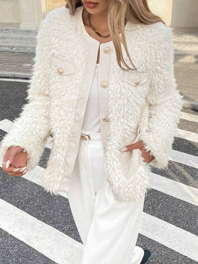 SHEIN Frenchy Women's Long Sleeve Metal Button Fluffy Crew Neck Tweed Pocket Patchwork Simplistic... | SHEIN