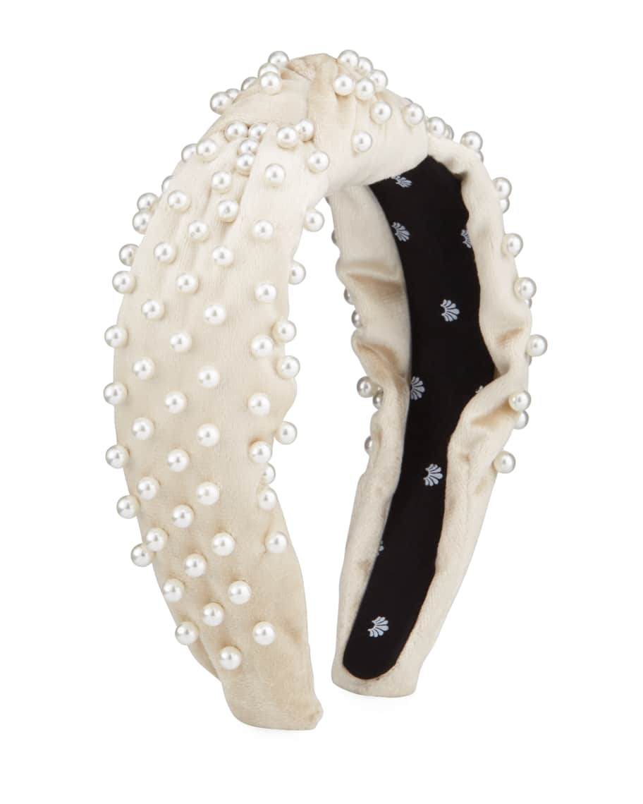 Lele Sadoughi Faux Pearl Beaded Velvet Knotted Headband | Neiman Marcus