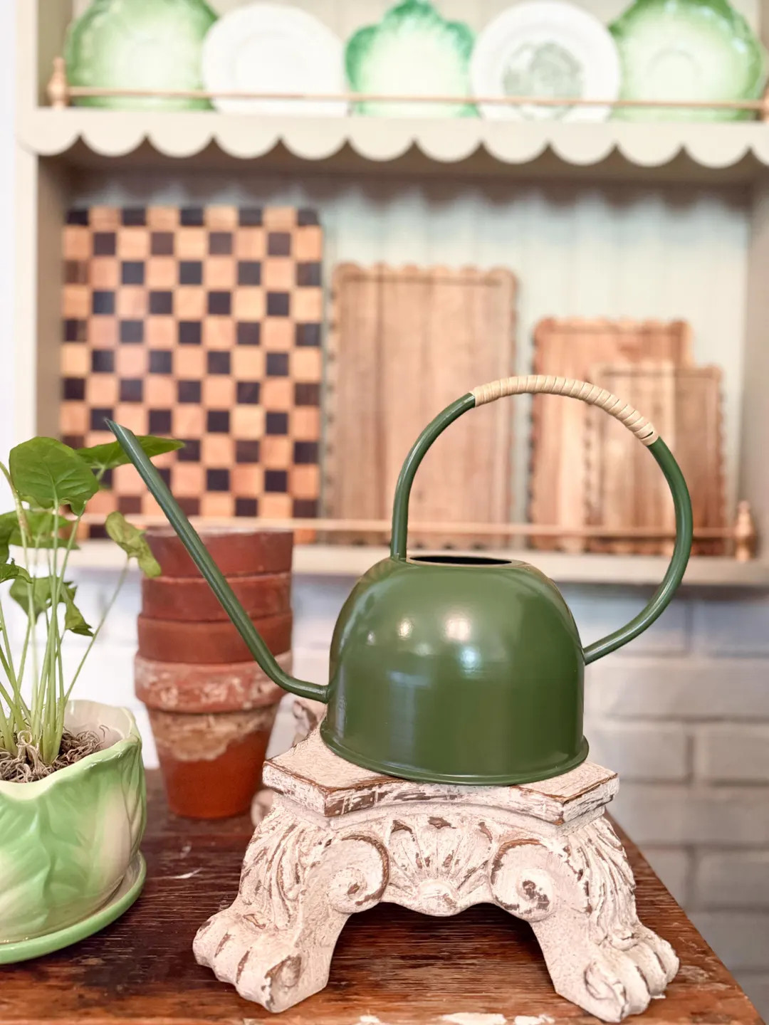 Green Enamel Watering Can with Rattan Handle | Cottage Garden Decor | Vintage Style Watering Can ... | Etsy (Global)
