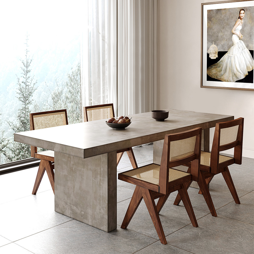 Upoak 1600mm Farmhouse Concrete Grey Wooden Dining Table for 4-6 Person Double Pedestal | Homary
