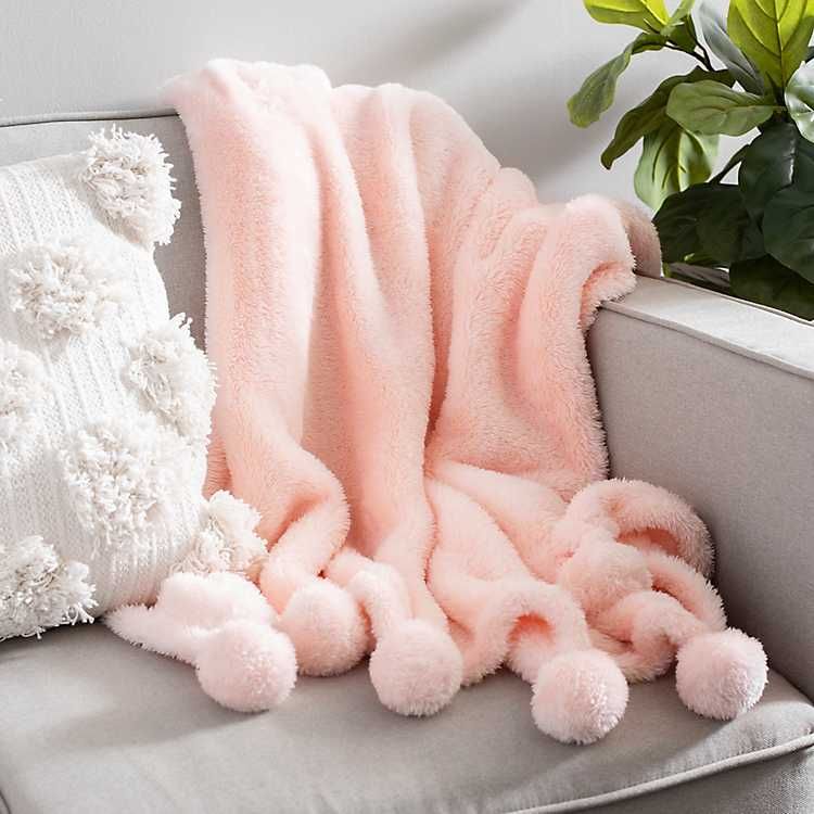 New! Blush Teddy Bear Pom Pom Throw | Kirkland's Home