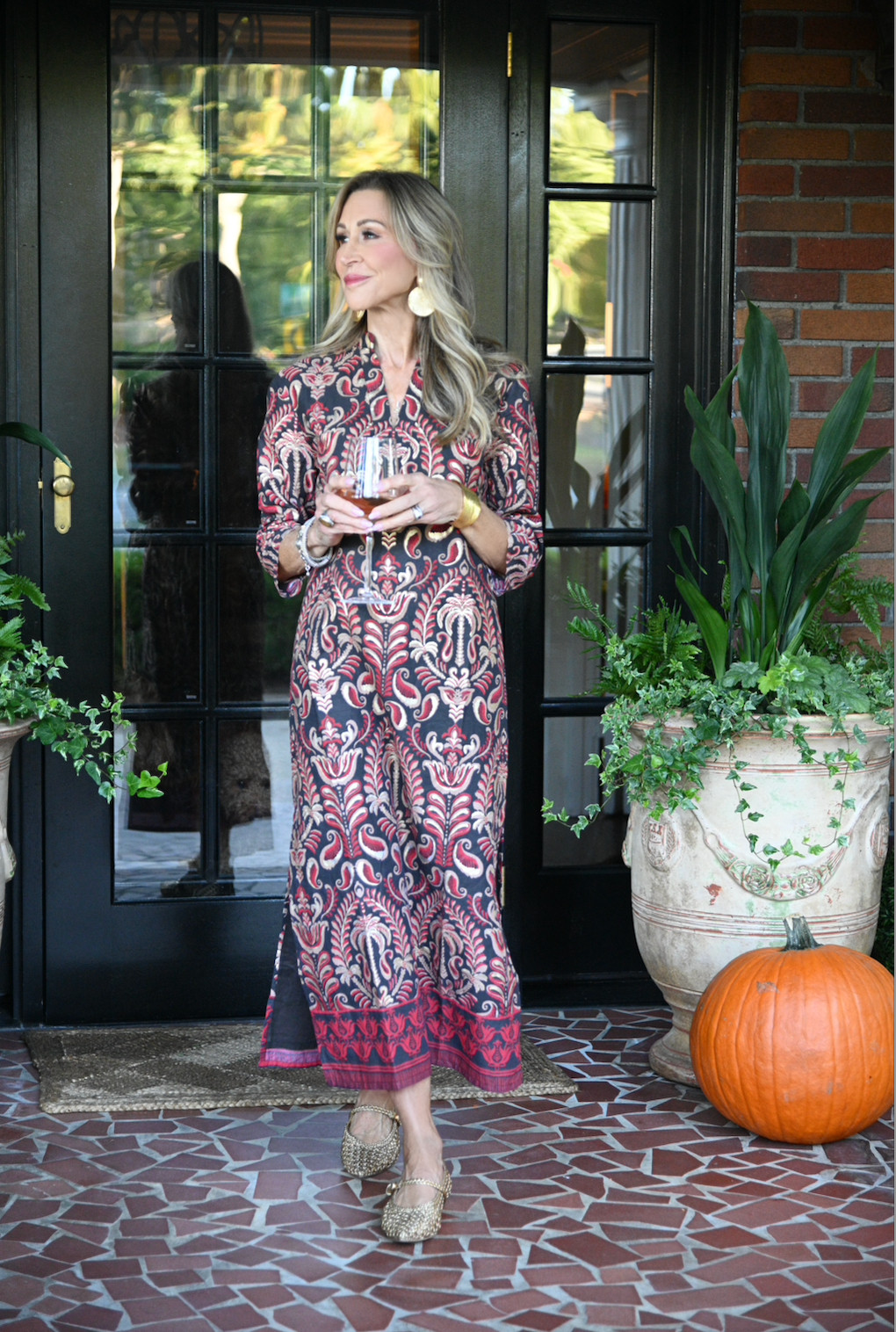 Perfect fall dress from Jude Connally.  Wear this for Thanksgiving and everyday.  I have styled it with flats, but you could definitely dress it up with heels.  The metallic gold in the fabric is beautiful! 

 #LTKdayinmylife #LTKootd #LTKSeasonal
