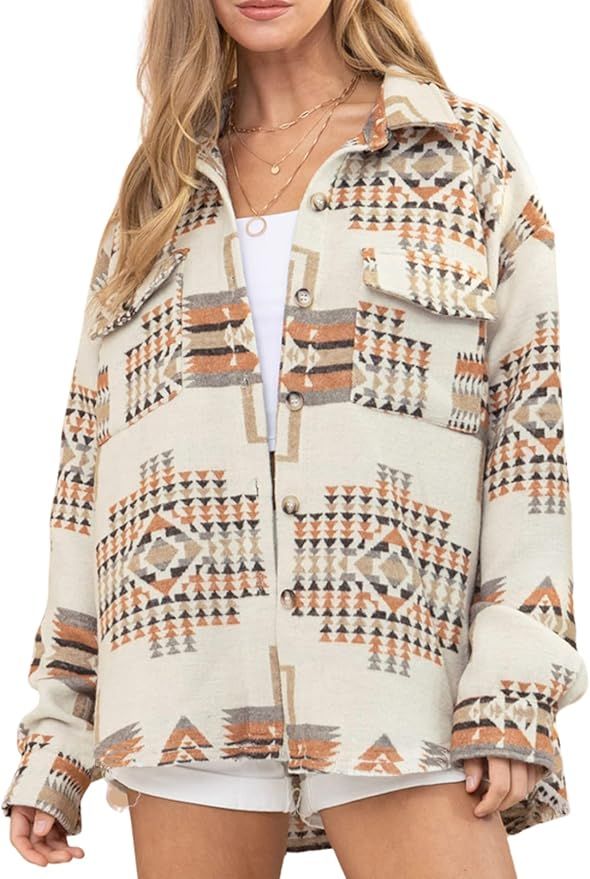 Joiemont Women Aztec Print Shirt Jacket Shacket Long Sleeve Loose Vintage Boho Wool Blend Coat Bu... | Amazon (US)