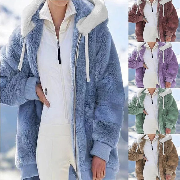 KZKR Winter Plush Coat for Women Color Block Long Sleeve Cardigan Casual Loose Fit Hooded Jacket ... | Walmart (US)