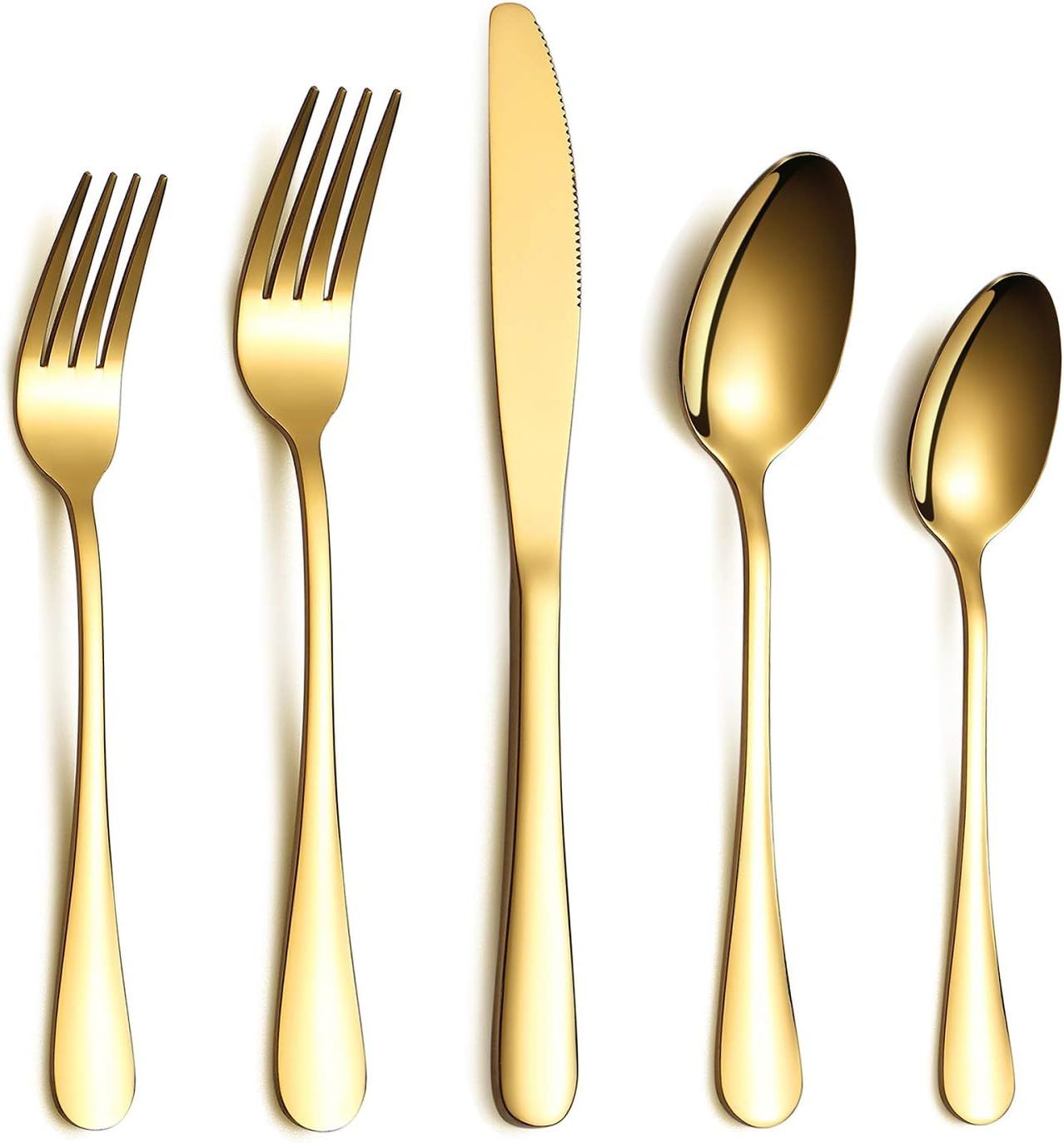 HOMQUEN Golden Flatware Set 20 Piece Service for 4, Stainless Steel Golden Silverware Set (Shiny ... | Amazon (US)