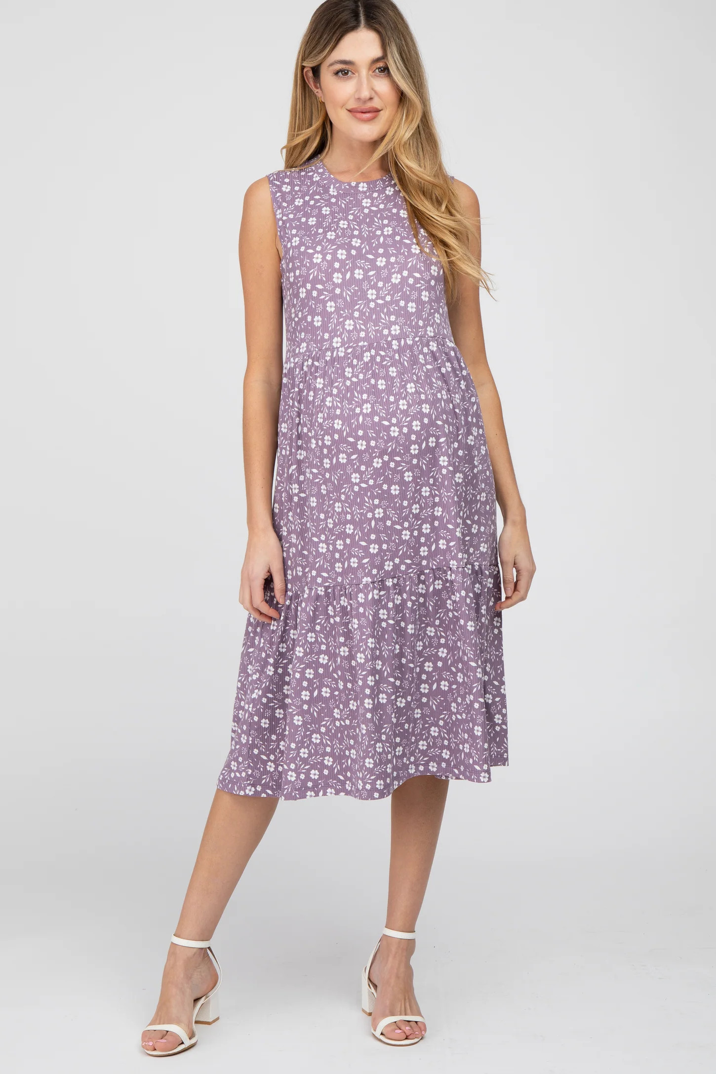 Purple Floral Ribbed Tiered Maternity Midi Dress | PinkBlush Maternity