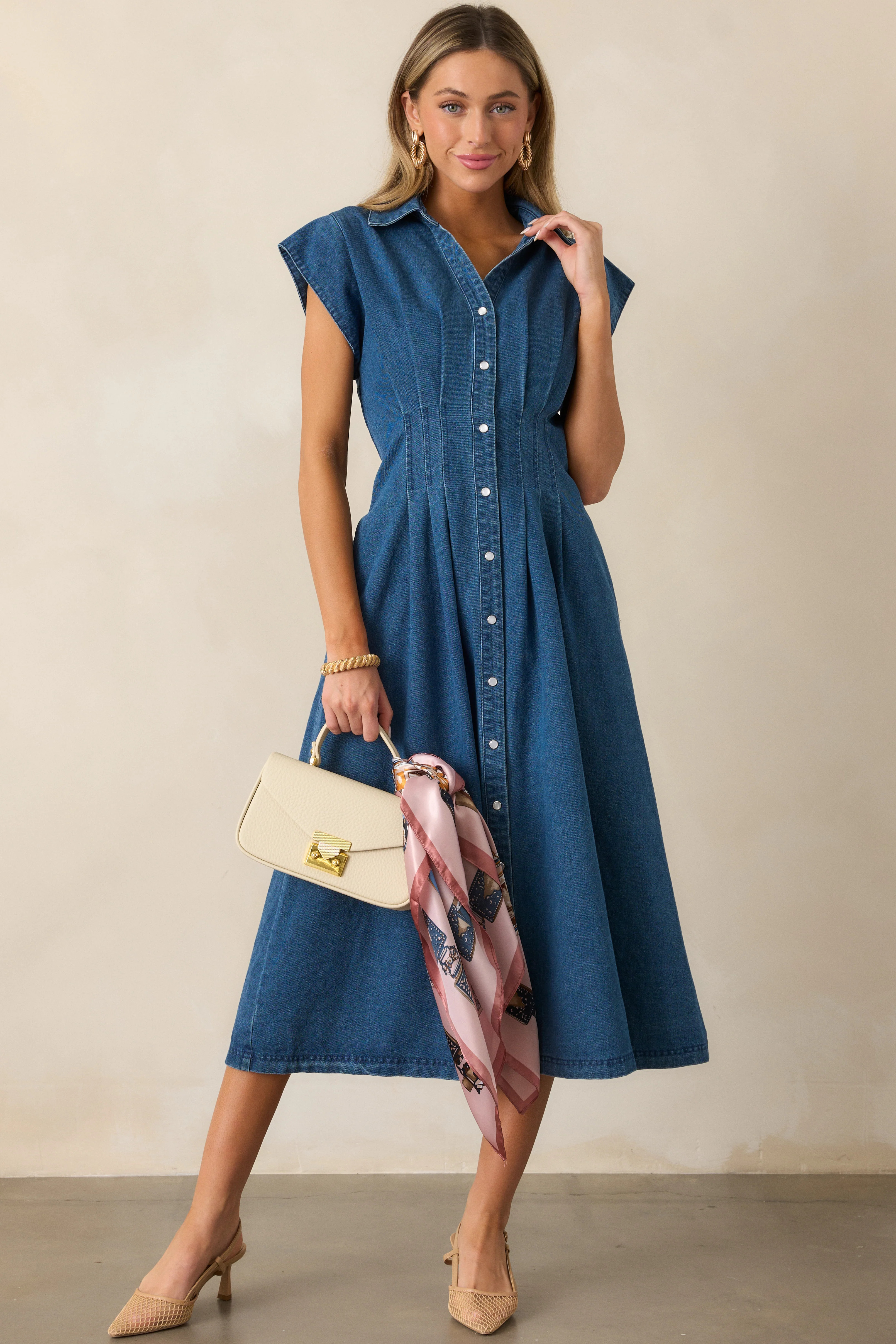 Classic Tea Party Dark Wash Denim Button Front Pleated Midi Dress | Red Dress