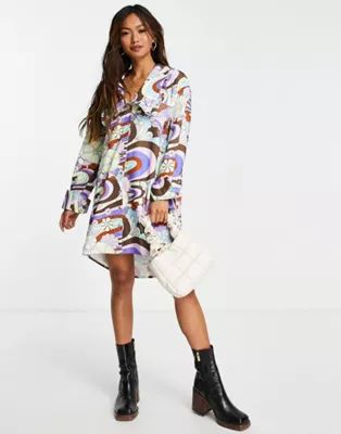 Damson Madder organic cotton psychedelic print statement collar mini dress in multi | ASOS (Global)