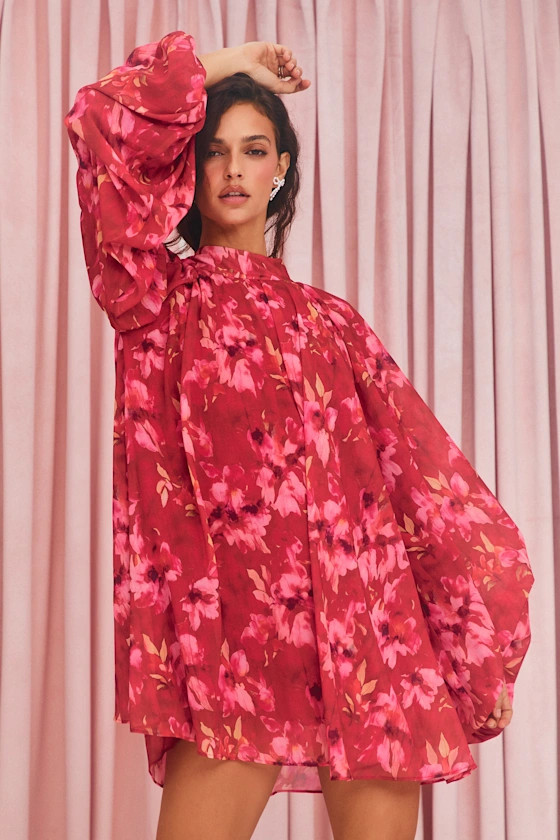 Lata Red Floral Mock Neck Belted Mini Dress | Lulus