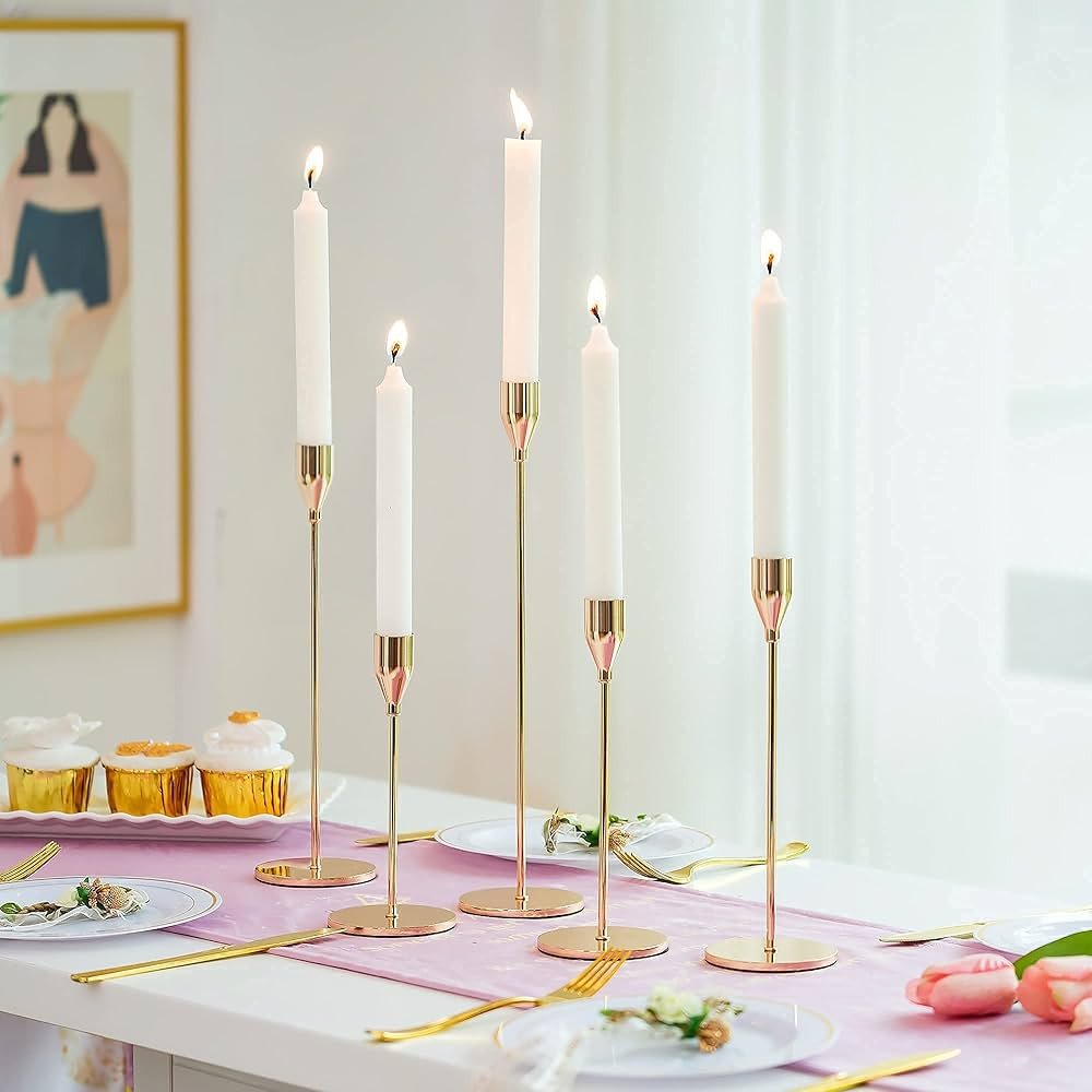 Gold Candlestick Holders for Taper Candle - Set of 5 Tall Metal Candle Stick Holder Bundle for We... | Amazon (US)