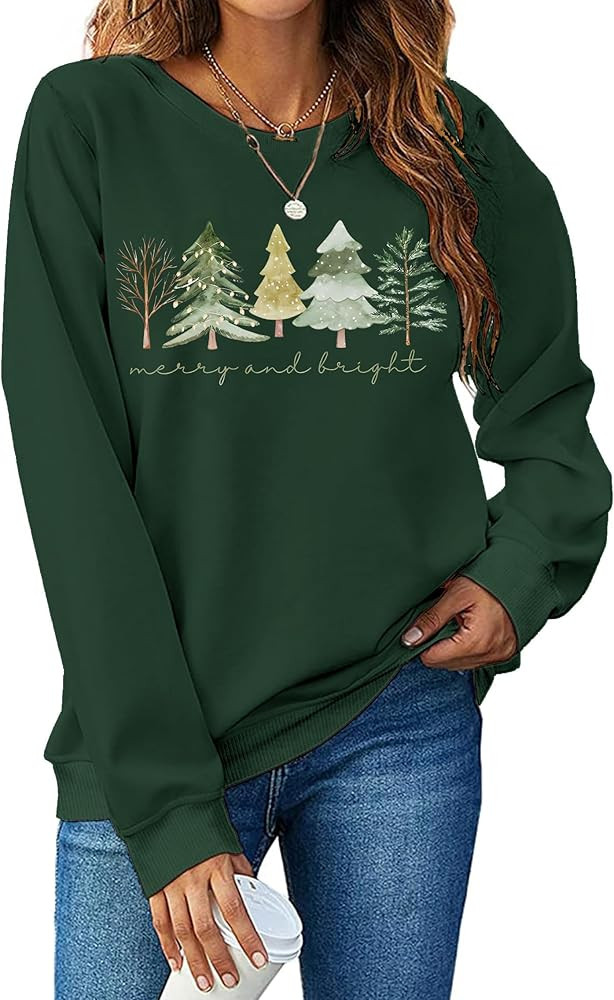 Christmas Sweatshirts Women: Merry and Bright Shirts Christmas Tree Graphic Long Sleeve Shirt Xma... | Amazon (US)