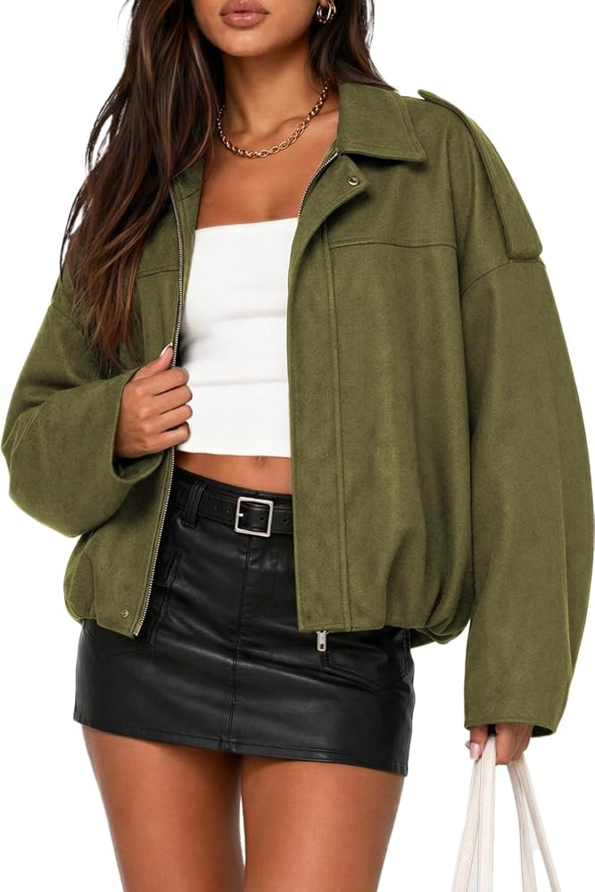 CHYRII Womens Faux Suede Bomber Jacket Fall Oversized Long Sleeve Coats | Amazon (US)