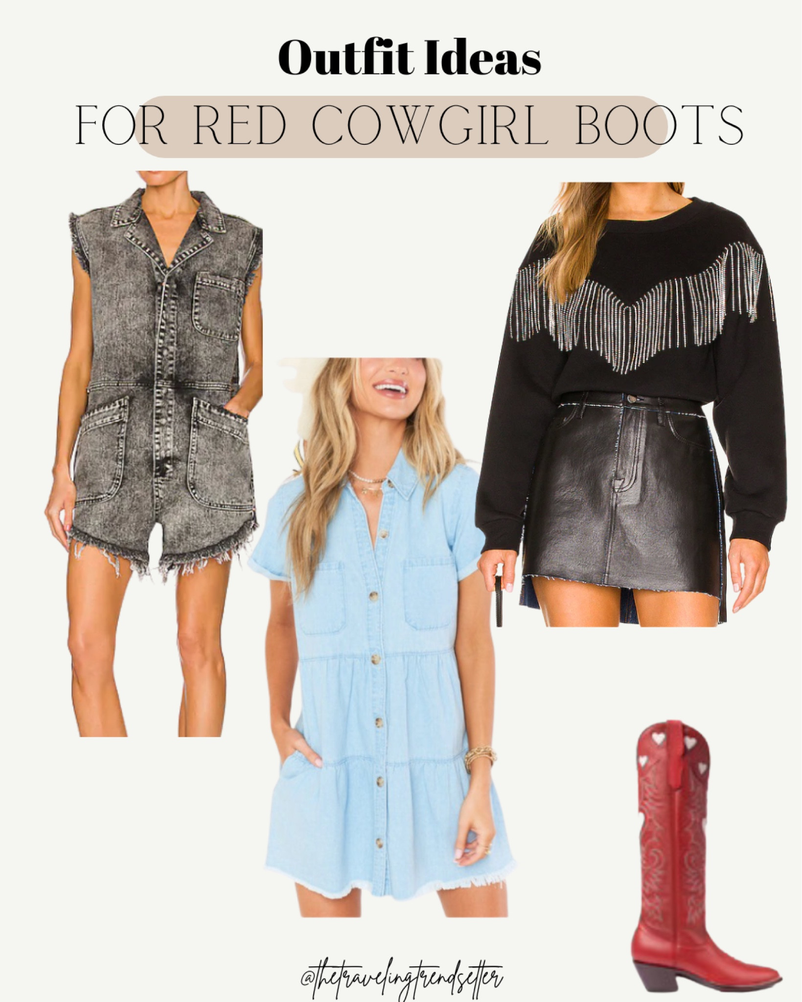 Denim dress - denim romper - leather skirt - red cowgirl boots - sweater - western fashion - cowgirl - country concert - outfit ideas 

#LTKunder50 #LTKstyletip #LTKSeasonal
