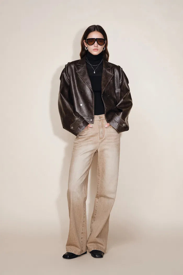 Levante Brushed Faux Leather Crop Biker Jacket in Faux leather | Fabrique